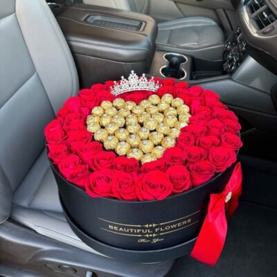 Red Roses with Heart-shaped Ferrero Rocher & Silver Crown in Black Box