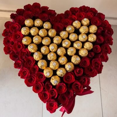 Red Rose Heart Box with 36 Ferrero Rocher