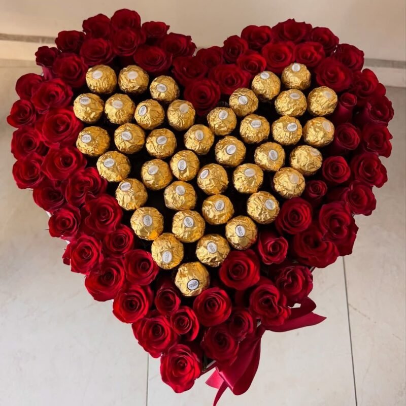 Red Rose Heart Box with 36 Ferrero Rocher