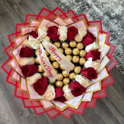 Mother’s Day Bouquet with Red & White Roses & Ferrero Rocher