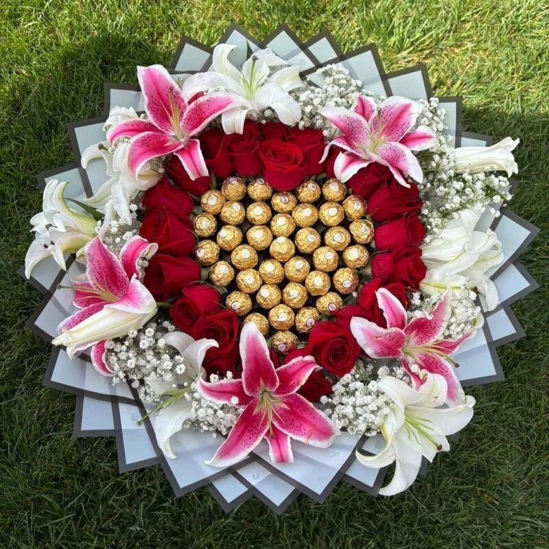 Mixed Flower Bouquet with Red Roses, Lilies & Ferrero Rocher