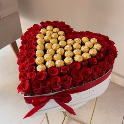 White Heart Box with Red Roses & Ferrero Rocher