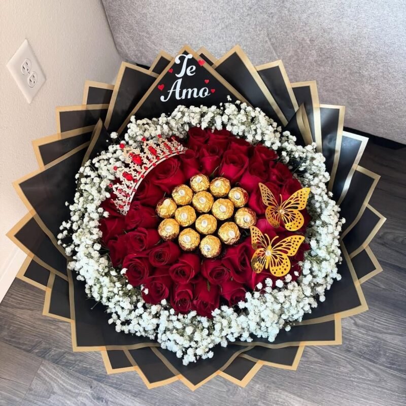 Black & Gold Bouquet with 30 Red Roses & Ferrero Rocher