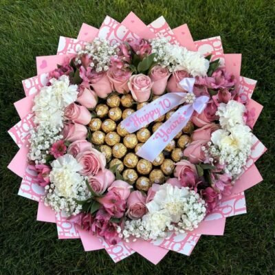 Pink Rose, Carnation & Ferrero Rocher Bouquet