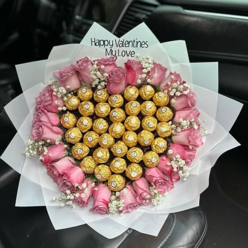 Pink Rose & Ferrero Rocher Heart Bouquet
