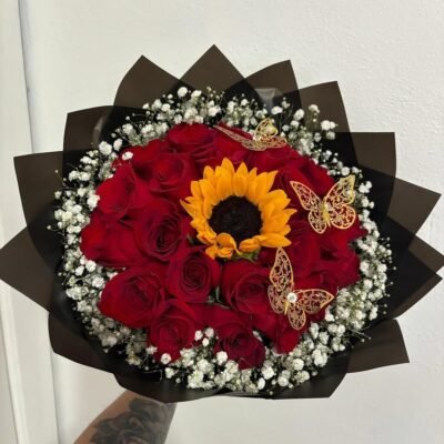 Red Rose & Sunflower Bouquet with Butterfly Decor