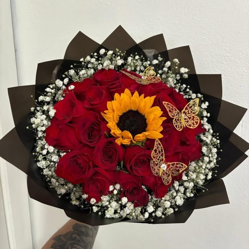 Red Rose & Sunflower Bouquet with Butterfly Decor