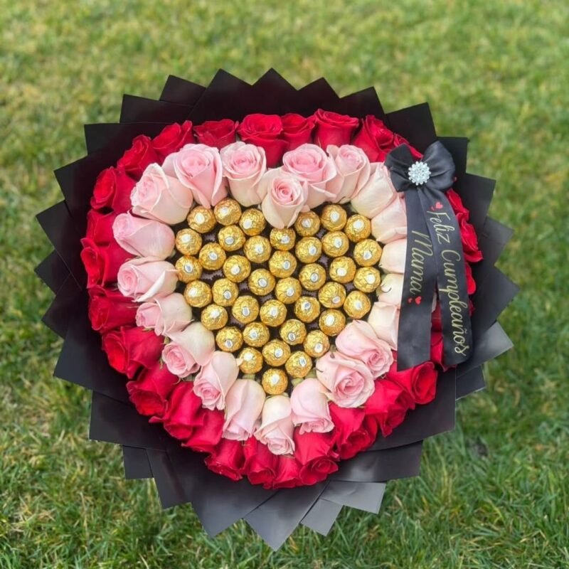 Red & Pink Rose Heart Bouquet with Ferrero Rocher