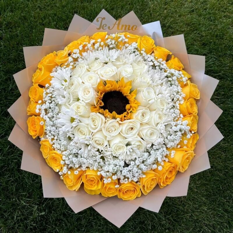 Yellow & White Rose Bouquet with Sunflower