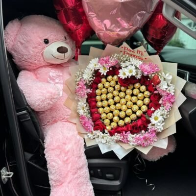 Pink Teddy Bear with Chocolate Flower Bouquet