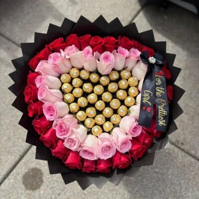 Red & Pink Rose Heart Bouquet with Chocolate