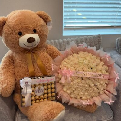 Giant Brown Teddy Bear with White Rose Bouquet & Ferrero Rocher