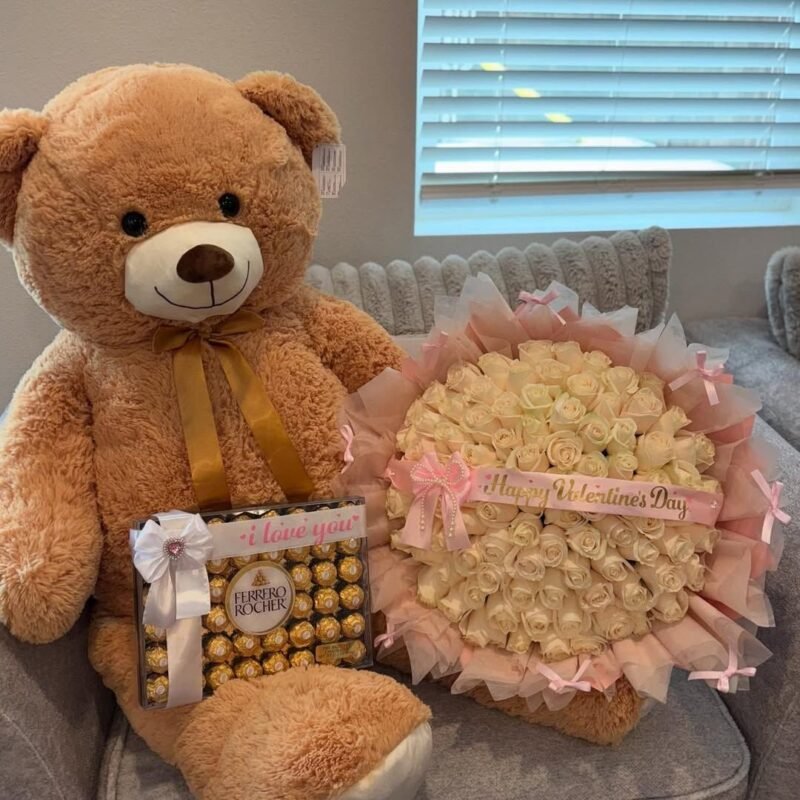 Giant Brown Teddy Bear with White Rose Bouquet & Ferrero Rocher