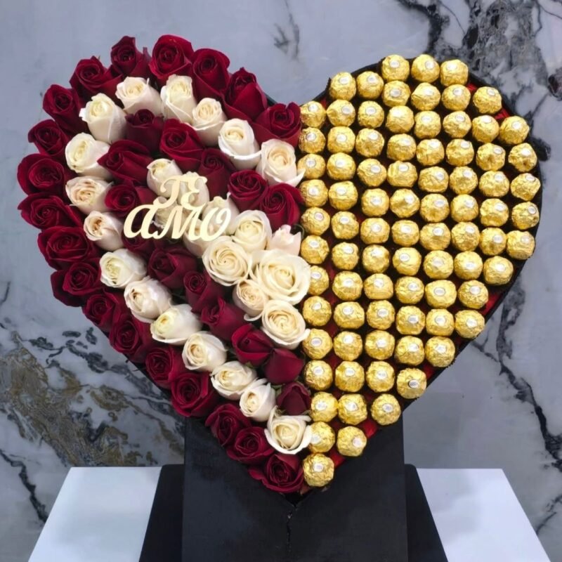 Red & White Rose Heart with Ferrero Rocher