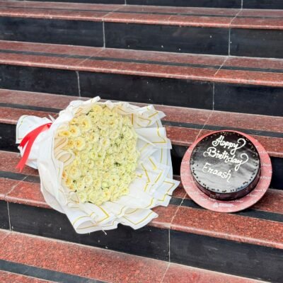 White Rose Bouquet with Chocolate Cake